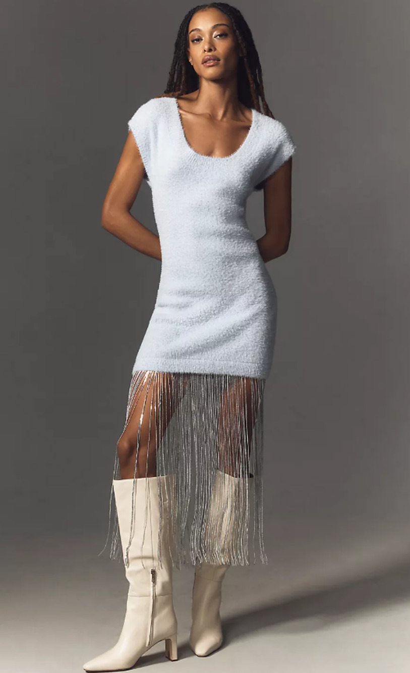 NWT Anthropologie Fringe-Trim Blue Sweater Dress - Medium